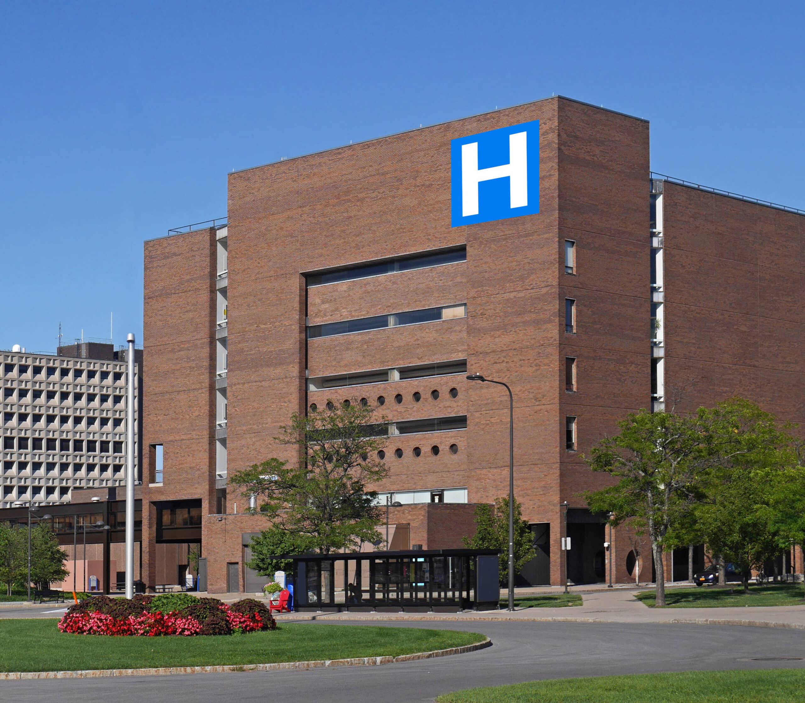 hospital exterior with H on it
